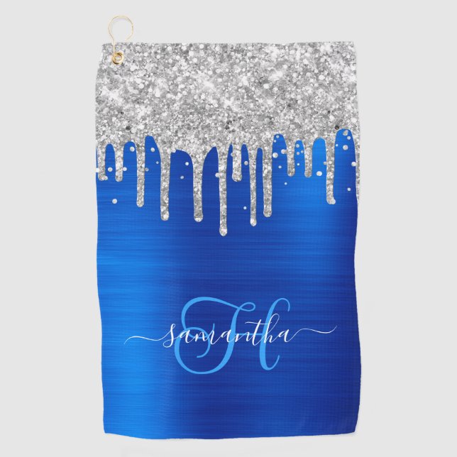 Monogrammed Royal Blue and Silver Dripping Glitter Golf Towel (Front)
