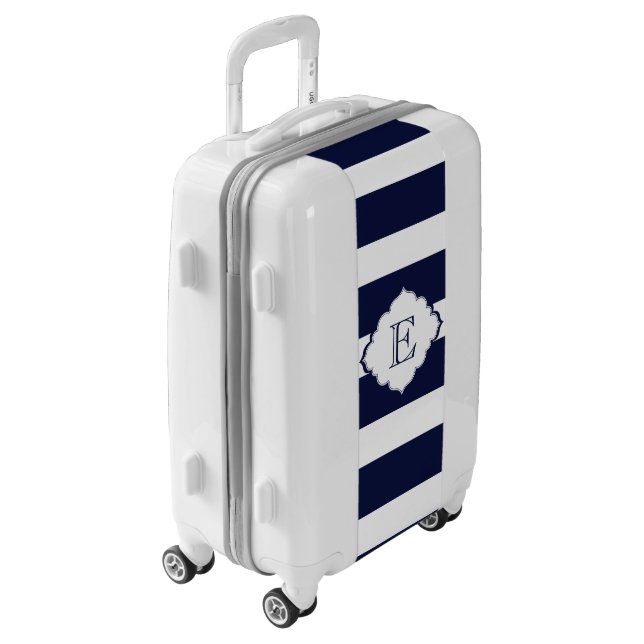 Monogrammed Royal Blue And White Stripes Luggage (Rotated Left)
