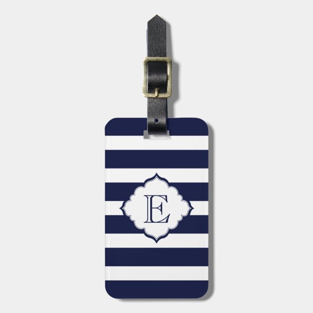 Monogrammed Royal Blue Stripes Geometric Pattern Luggage Tag (Front Vertical)