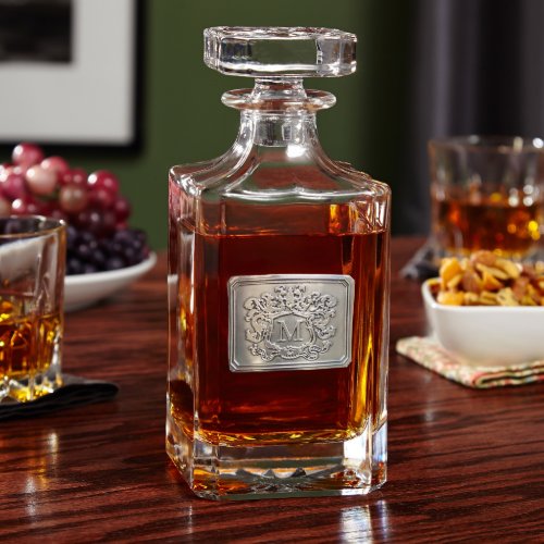 Monogrammed Royal Crest Carson Whiskey Decanter - Handsome glassware never goes out of style, and our royal crested Carson whisky decanter is a true example of timeless beauty. Each of these glass decanters is impeccably details from top to bottom, with sleek details in the base and stopper. Monogrammed with a real pewter crest, simple choose the initial of your choice to make it an exceptionally personal gift. Great for dads, husbands, or anyone who will appreciate the sophistication of a top-notch whisky decanter. Measuring 8.25" tall and 3.5" wide, each liquor carafe holds up to 26 oz.