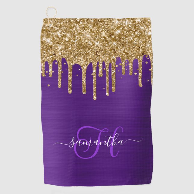 Monogrammed Royal Purple Gold Dripping Glitter Golf Towel (Front)