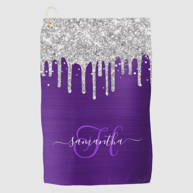 Monogrammed Royal Purple Silver Dripping Glitter Golf Towel (Front)