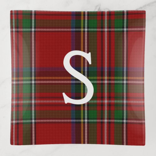 Monogrammed Royal Stewart Tartan Glass Tinket Tray