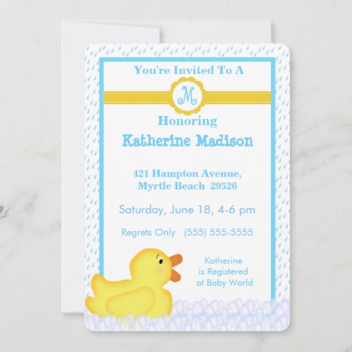 Monogrammed  Rubber Ducky Baby Shower Invitation