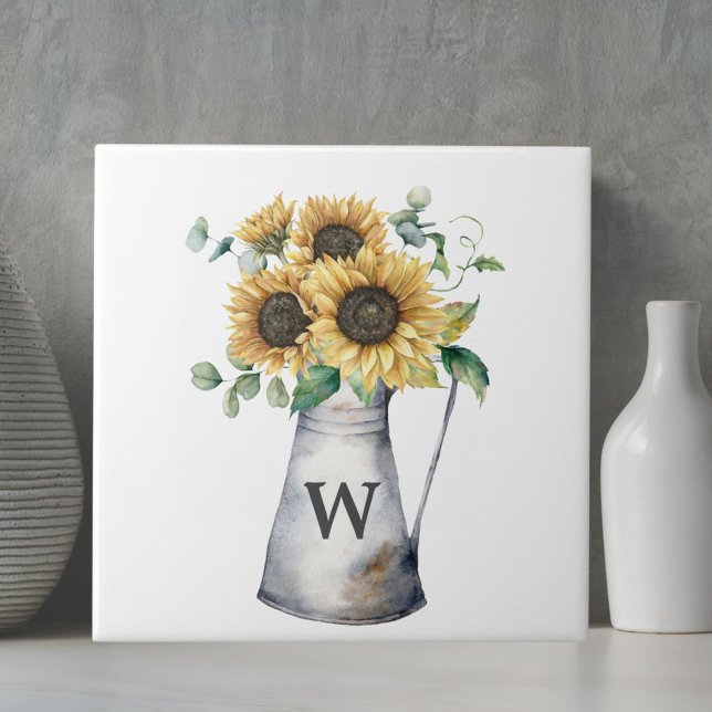 Monogrammed Rustic Autumn Sunflower Vase Ceramic Tile (In situ)