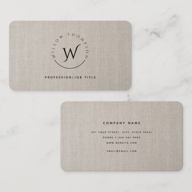Monogrammed Rustic Beige Linen Elegant Script Business Card (Front/Back)