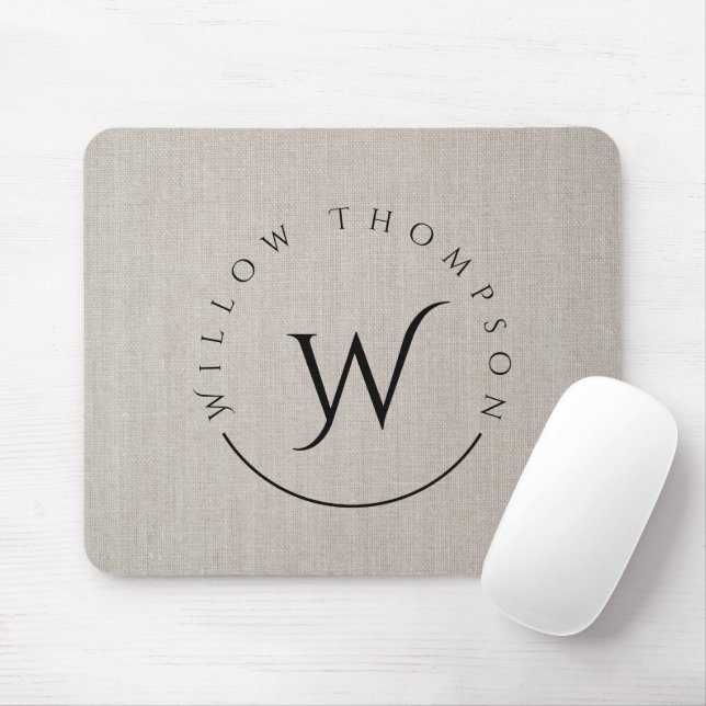 Monogrammed Rustic Beige Linen Elegant Script Mouse Pad (With Mouse)