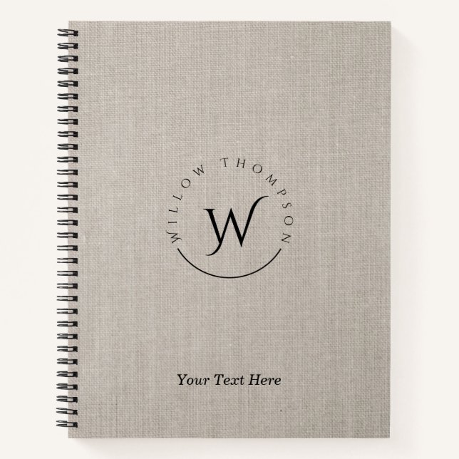 Monogrammed Rustic Beige Linen Elegant Script  Notebook (Front)