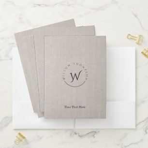 Monogrammed Rustic Beige Linen Elegant Script Pocket Folder