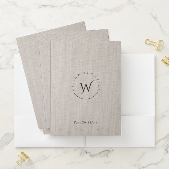 Monogrammed Rustic Beige Linen Elegant Script Pocket Folder (In Situ)