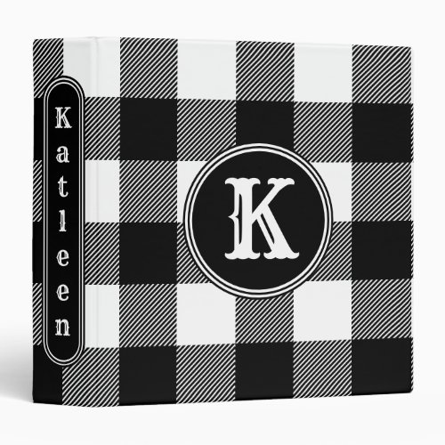 Monogrammed Rustic Black White Buffalo Plaid 3 Ring Binder