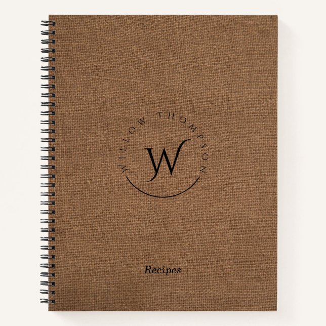 Monogrammed Rustic Brown Linen Elegant Recipes Notebook (Front)