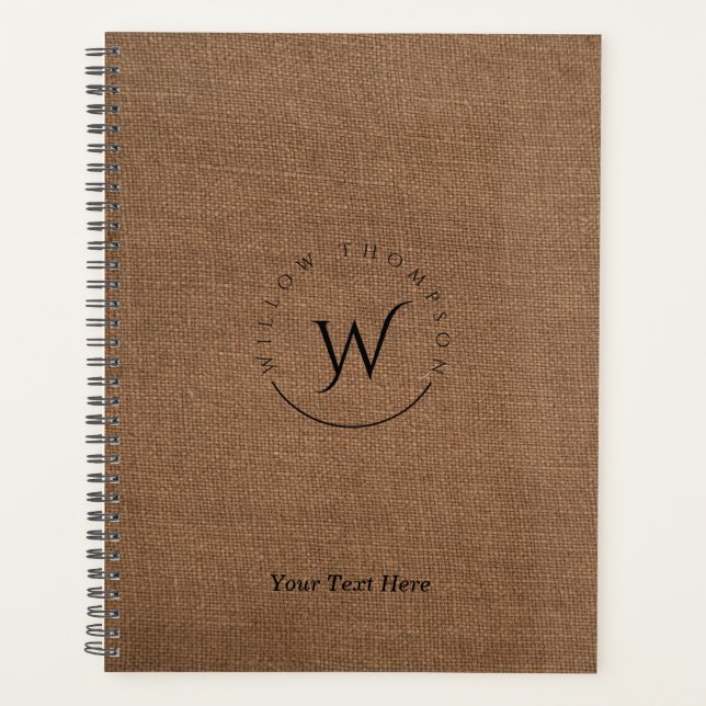 Monogrammed Rustic Brown Linen Elegant Script Planner (Front)