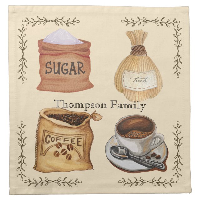 Monogrammed rustic Coffee image watercolor brown Cloth Napkin (Front)
