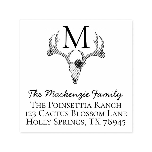 Monogrammed Rustic Floral Deer Skull Antlers Self-inking Stamp (Design)
