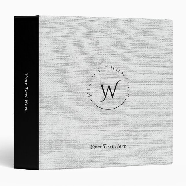 Monogrammed Rustic Gray Linen Elegant Script 3 Ring Binder (Front/Spine)