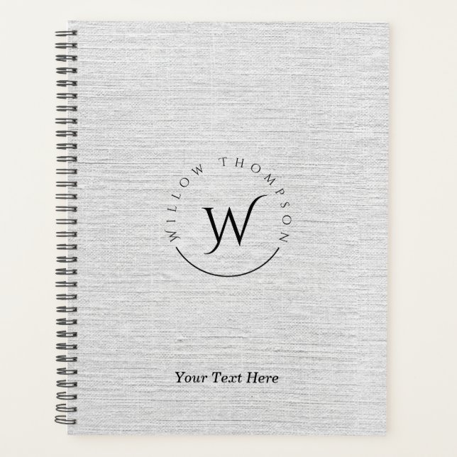 Monogrammed Rustic Gray Linen Elegant Script  Planner (Front)