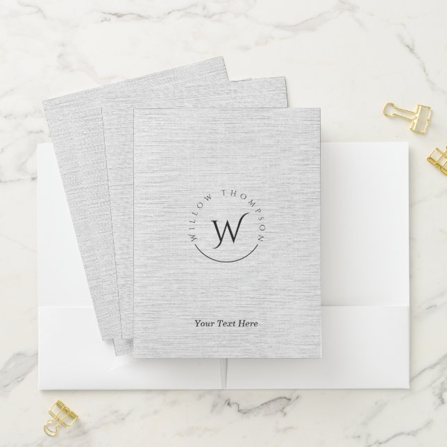 Monogrammed Rustic Gray Linen Elegant Script Pocket Folder (In Situ)
