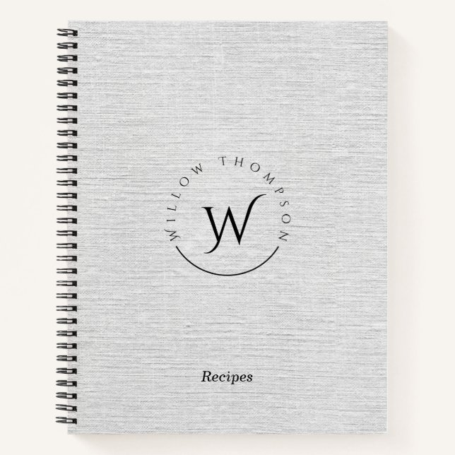 Monogrammed Rustic Gray Linen Script Recipe Notebook (Front)