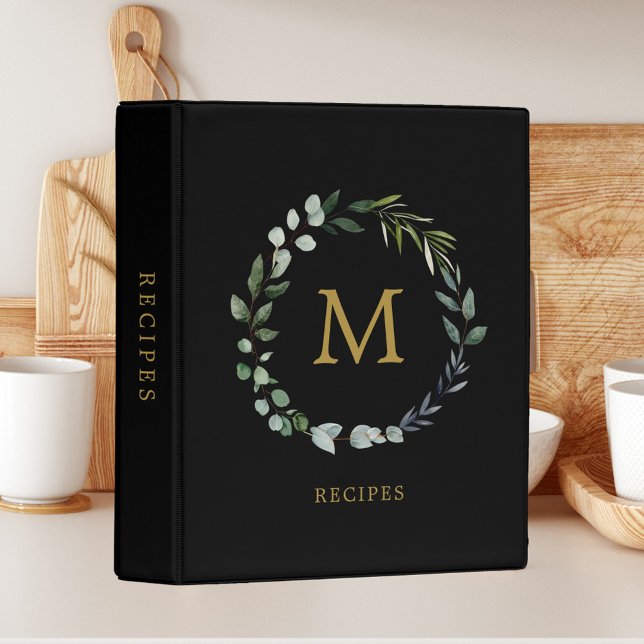 Monogrammed Rustic Green Leaves Greenery Recipe Mini Binder (In situ)