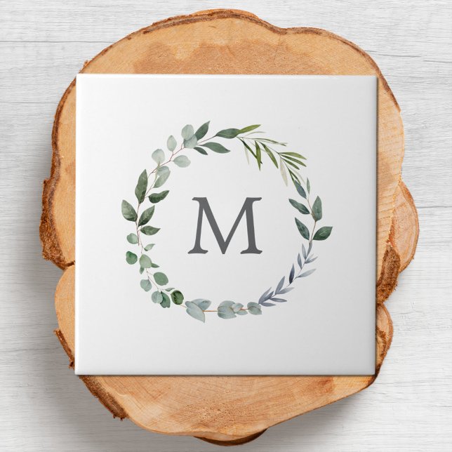 Monogrammed Rustic Green Sage Leaf Wreath Ceramic Tile (In situ)