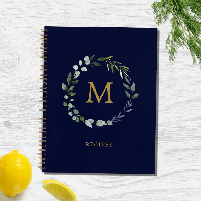 Monogrammed Rustic Green Sage Leaf Wreath Recipe Notebook (In situ)