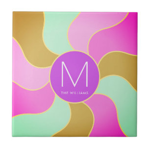Monogrammed Rustic Retro Colorful Sun Wave Ceramic Tile