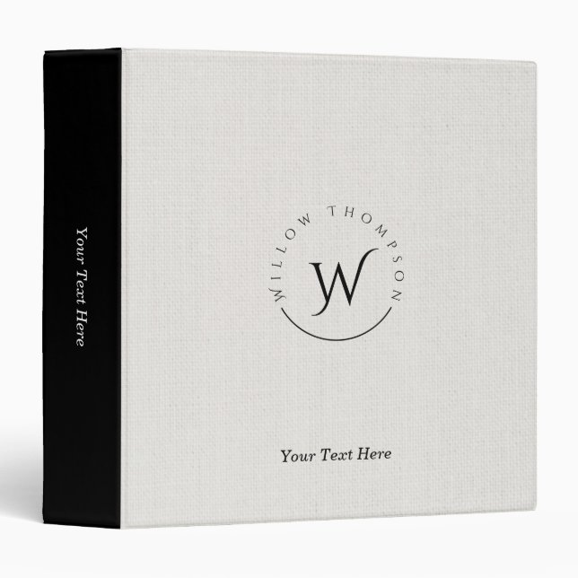 Monogrammed Rustic White Linen Elegant Script  3 Ring Binder (Front/Spine)