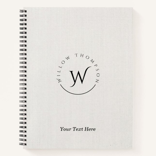 Monogrammed Rustic White Linen Elegant Script  Notebook (Front)