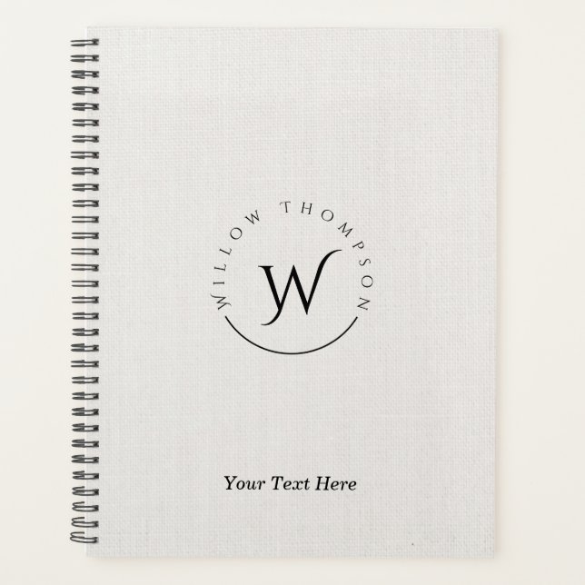 Monogrammed Rustic White Linen Elegant Script Planner (Front)