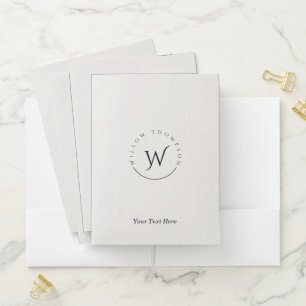 Monogrammed Rustic White Linen Elegant Script Pocket Folder