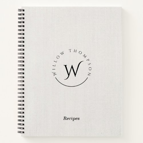 Monogrammed Rustic White Linen Script Recipe Notebook