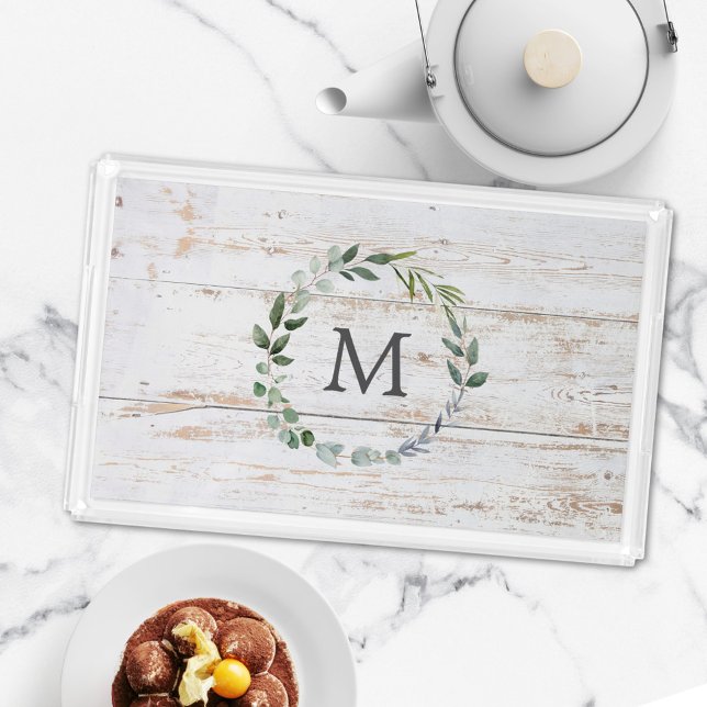 Monogrammed Rustic White Wood Green Leaf Wreath Acrylic Tray (In situ)