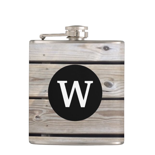 Monogrammed Rustic Wood Planks Flask  (Front)