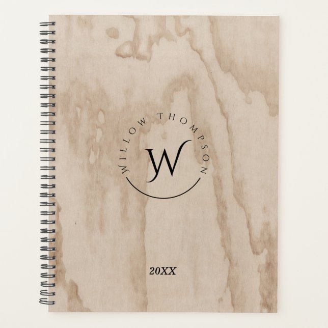 Monogrammed Rustic Wood Texture Elegant Journa Planner (Front)