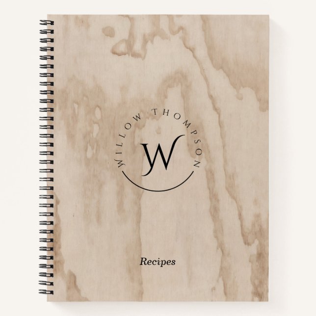Monogrammed Rustic Wood Texture Elegant Recipe Notebook (Front)