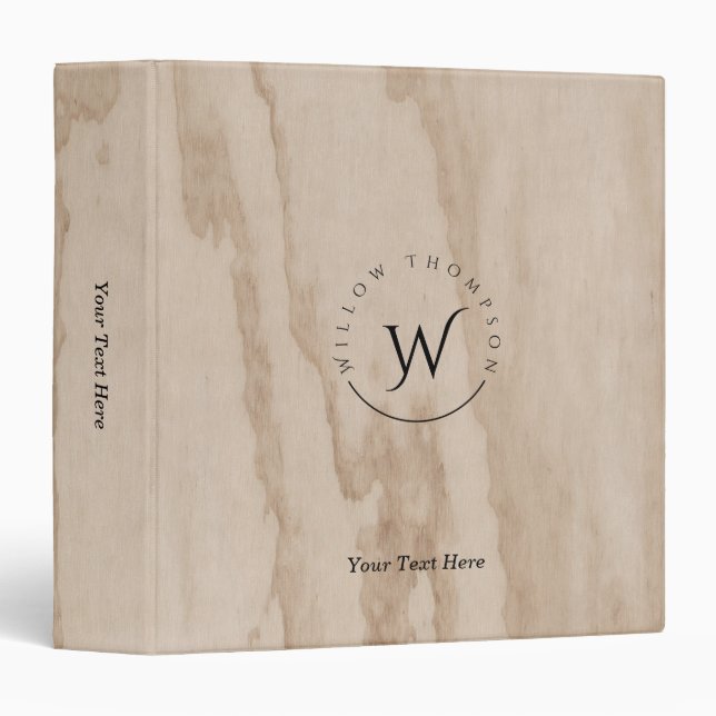 Monogrammed Rustic Wood Texture Elegant Script 3 Ring Binder (Front/Spine)