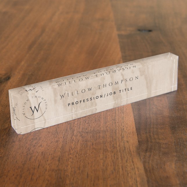 Monogrammed Rustic Wood Texture Elegant Script Desk Name Plate (Side)