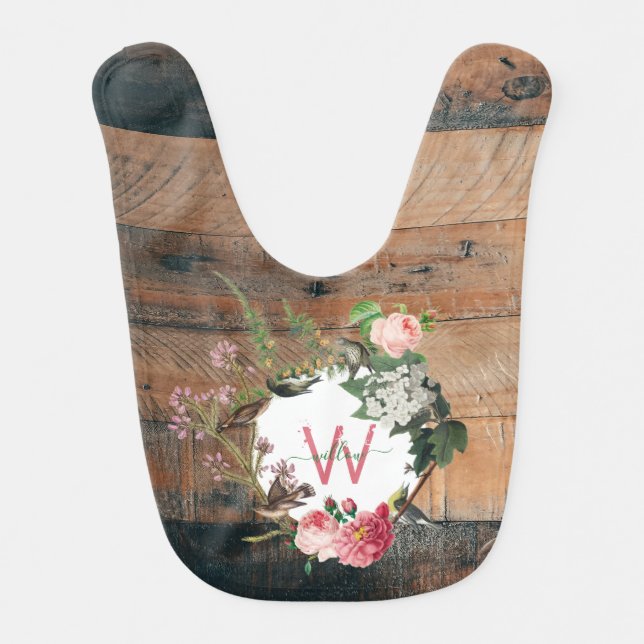 Monogrammed Rustic Wood Vintage Flowers Baby Bib (Front)