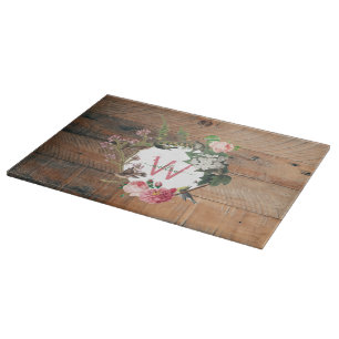 Monogrammed Rustic Wood Vintage Flowers Cutting Board