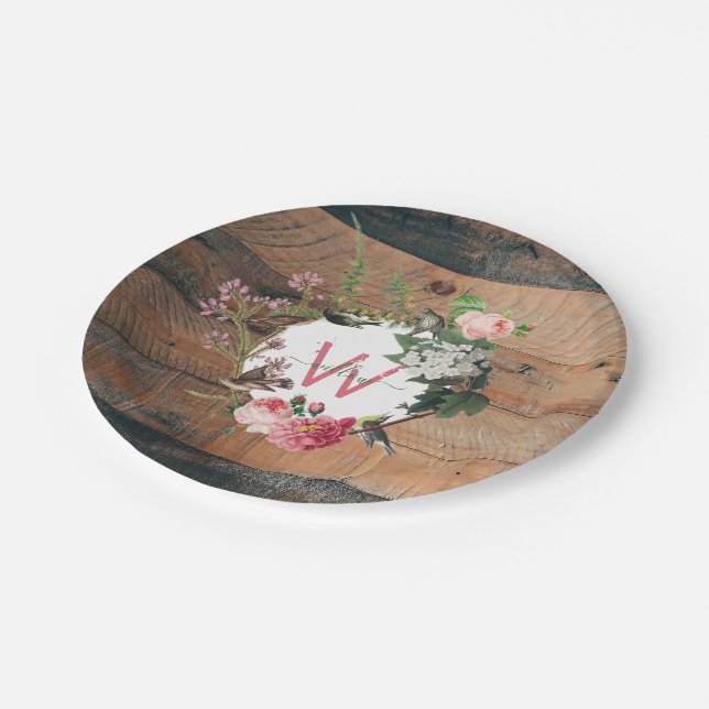 Monogrammed Rustic Wood Vintage Flowers Paper Plates (Angled)