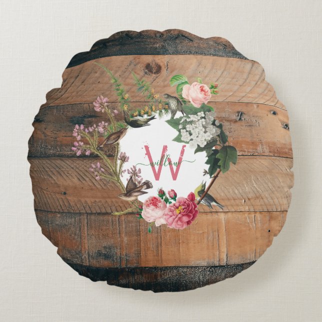 Monogrammed Rustic Wood Vintage Flowers Round Pillow (Front)
