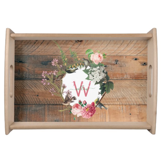 Monogrammed Rustic Wood Vintage Flowers Serving Tray (Front)