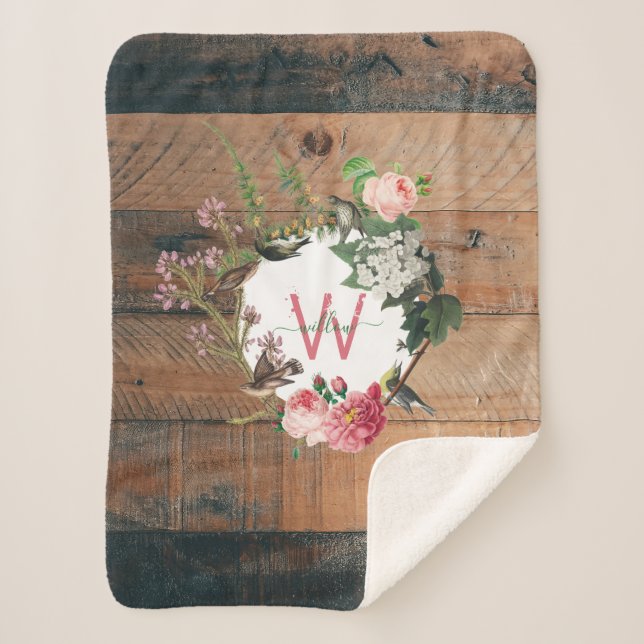 Monogrammed Rustic Wood Vintage Flowers Sherpa Blanket (Front)