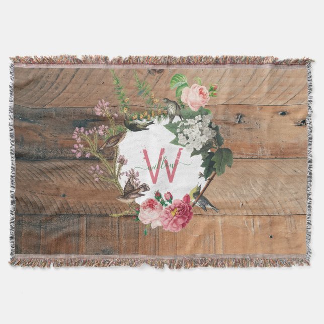 Monogrammed Rustic Wood Vintage Flowers Throw Blanket (Front)