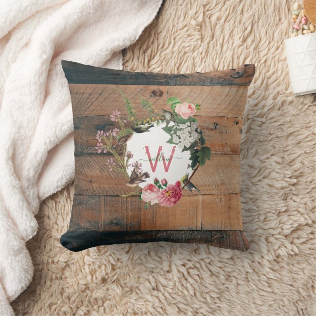 Monogrammed Rustic Wood Vintage Flowers Throw Pillow (Blanket)