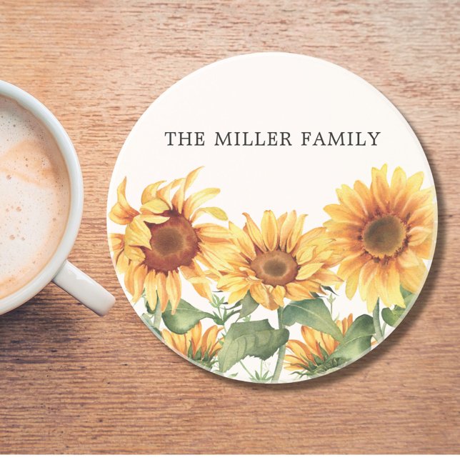 Monogrammed Rustic Yellow Sunflower Garden Coaster (In situ)