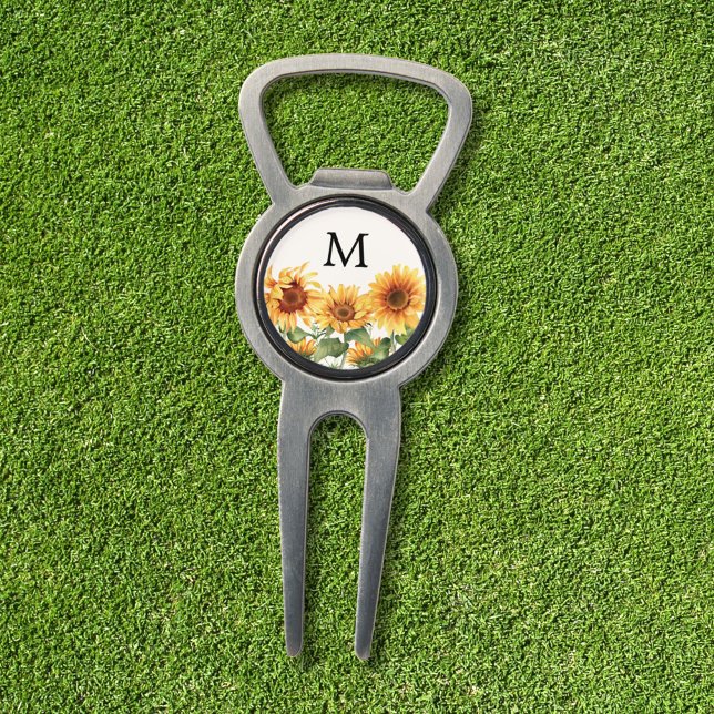 Monogrammed Rustic Yellow Sunflower Garden Divot Tool (In situ)