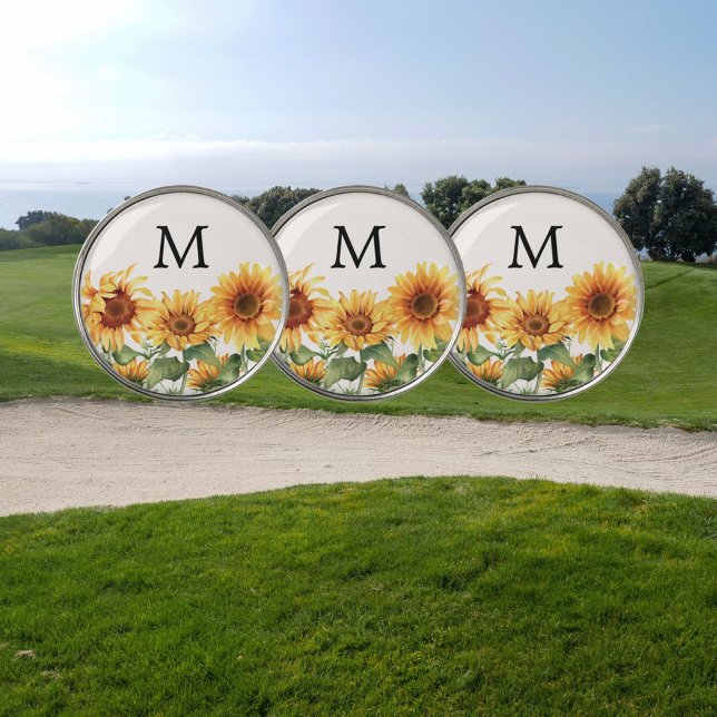 Monogrammed Rustic Yellow Sunflower Garden Golf Ball Marker (In situ)