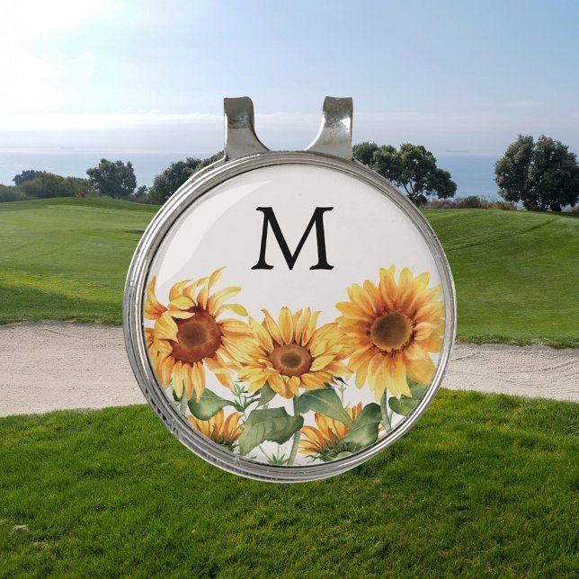 Monogrammed Rustic Yellow Sunflower Garden Golf Hat Clip (In situ)